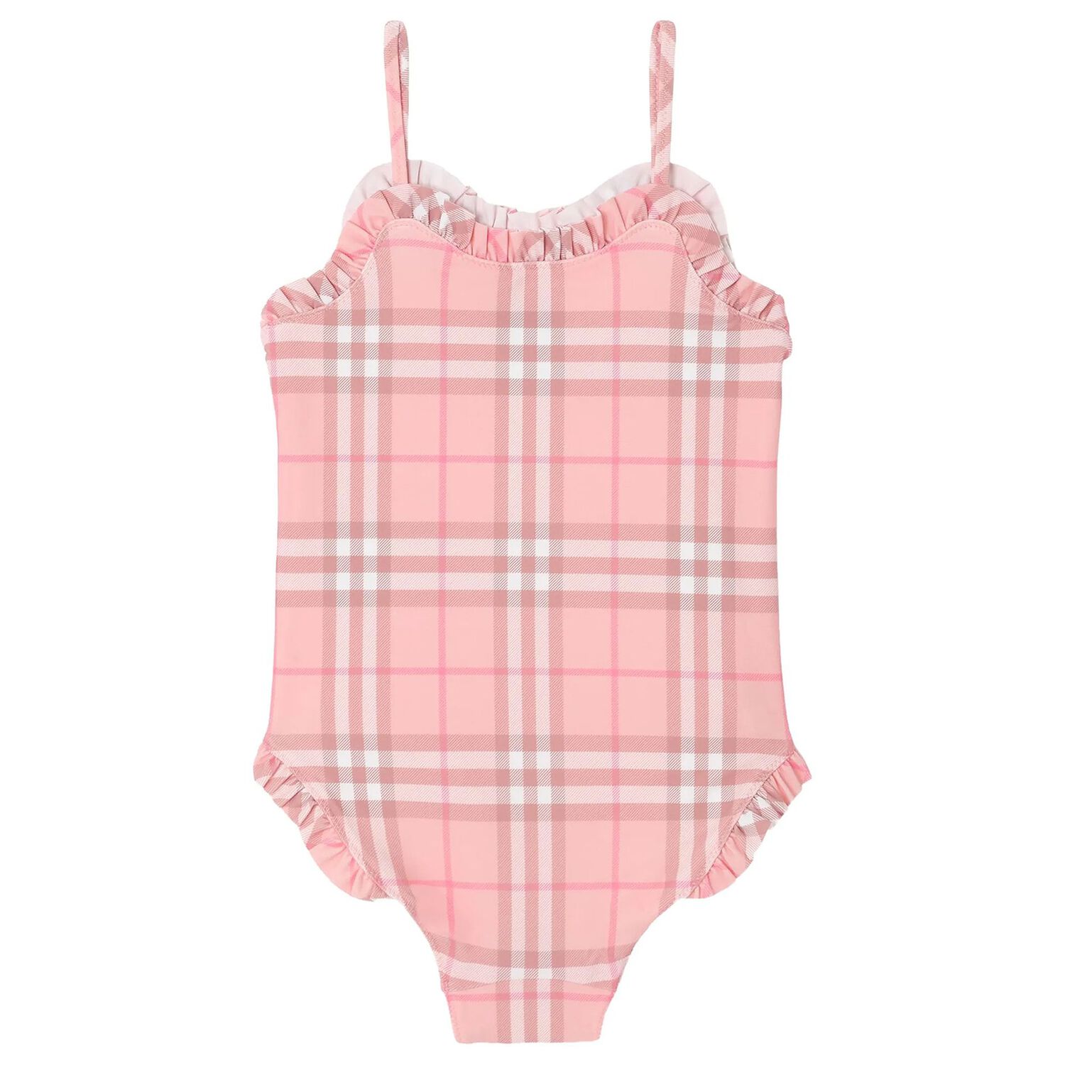Girls Pink Check Ruffled Swimsuit, 1, hi-res