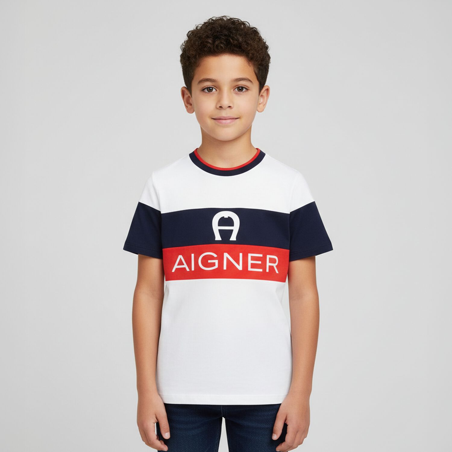 Boys White, Navy & Red Logo T-Shirt, 2, hi-res