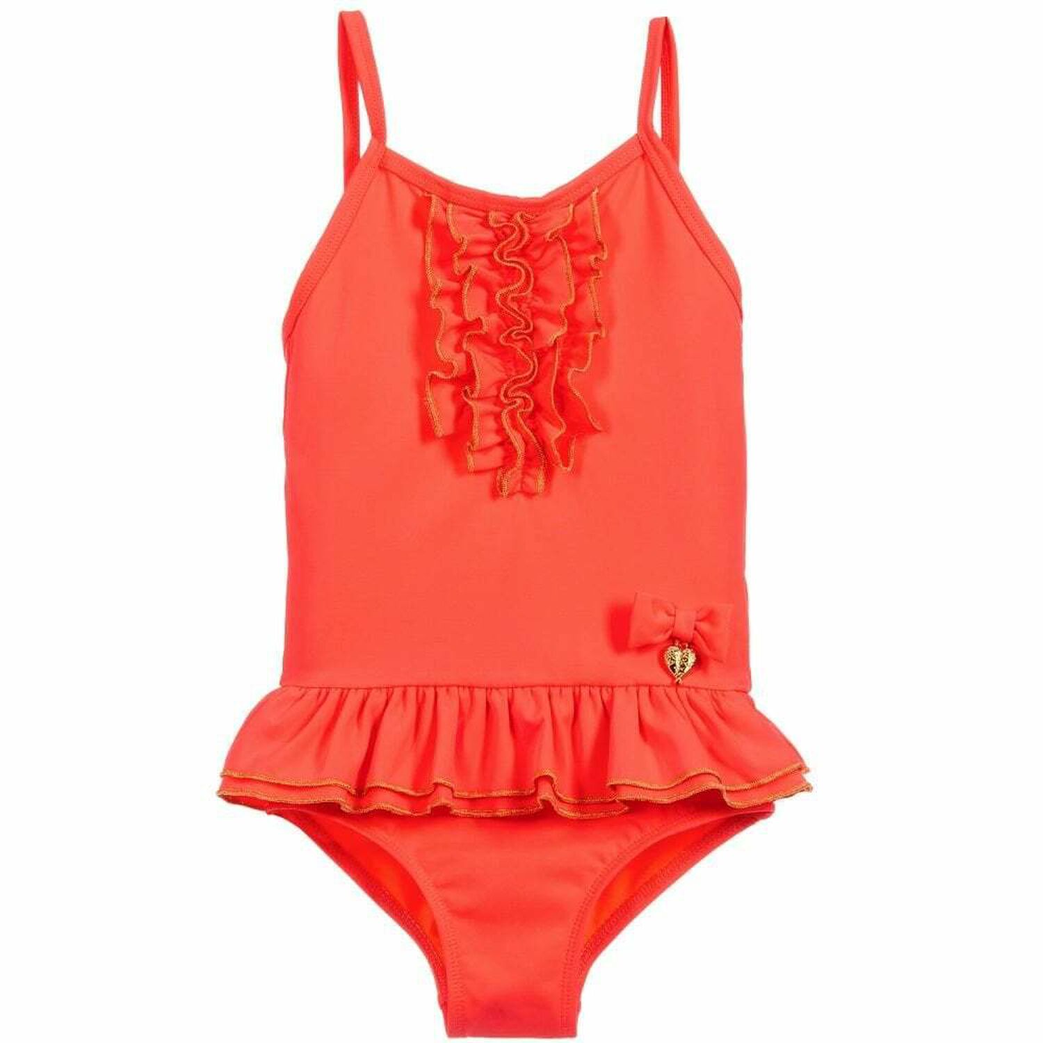 طقم مايوه بكشكشة باللون البرتقالي للبنات, 1, hi-res