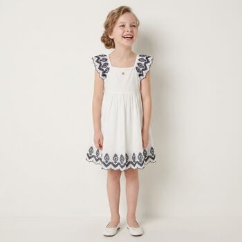 Girls White & Navy Blue Embroidered Dress