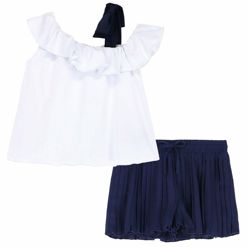 Girls White & Navy Blue Top & Shorts, 1, hi-res image number null