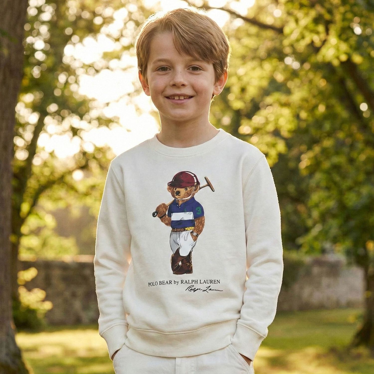 Boys White Polo Bear Sweatshirt, 1, hi-res
