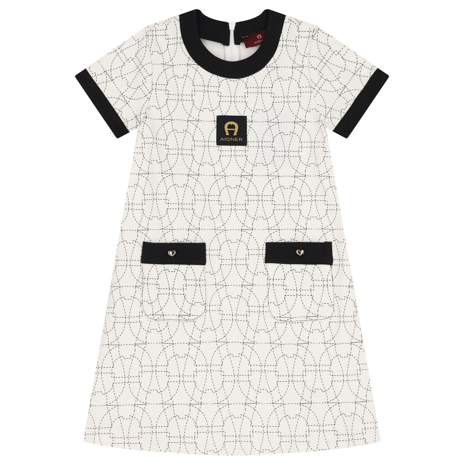 Girls Ivory & Black Logo Dress, 1, hi-res