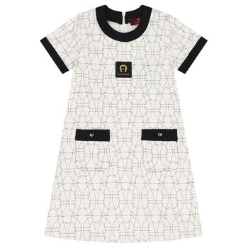 Girls Ivory & Black Logo Dress