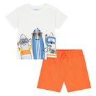 Younger Boys White & Orange Shorts Set, 1, hi-res