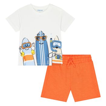 Younger Boys White & Orange Shorts Set