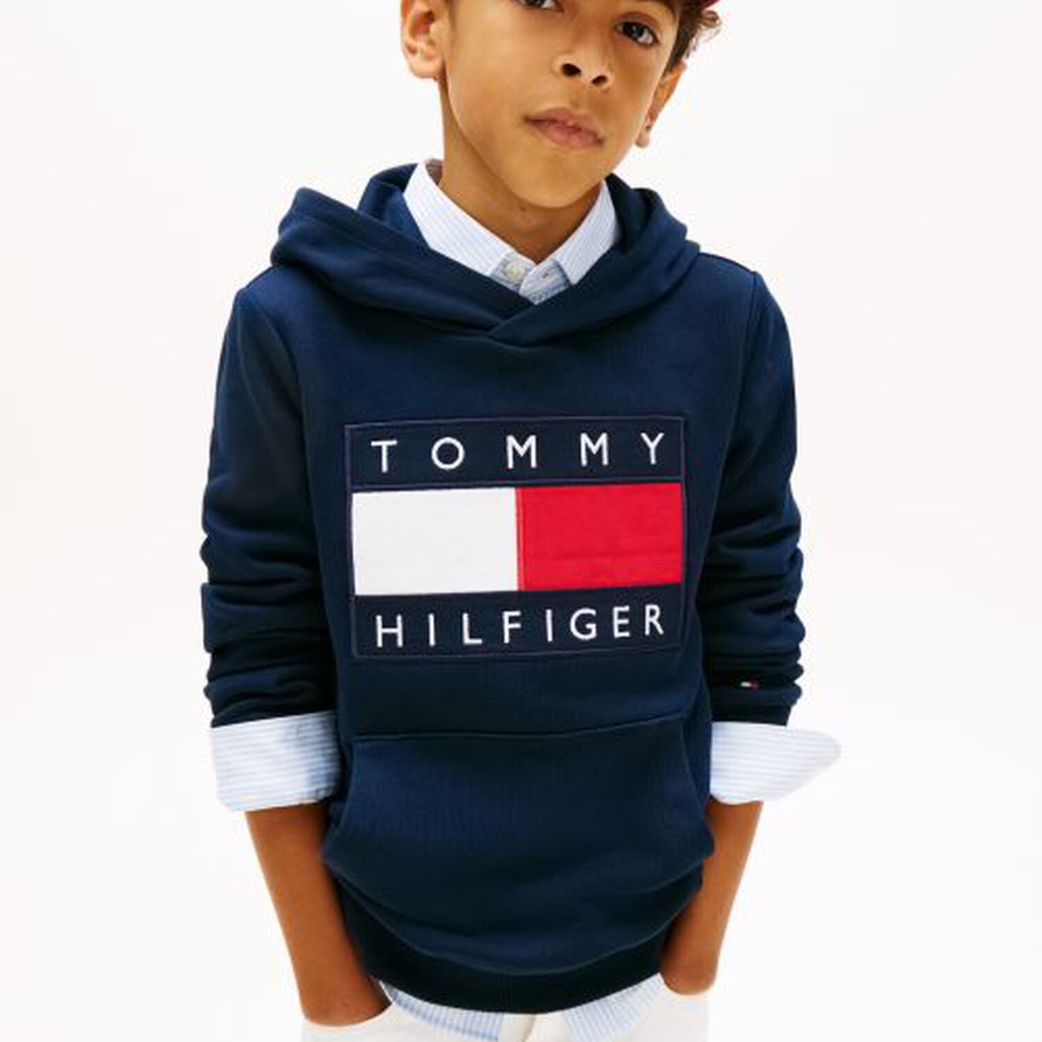 Boys Navy Blue Logo Hooded Top, 1, hi-res