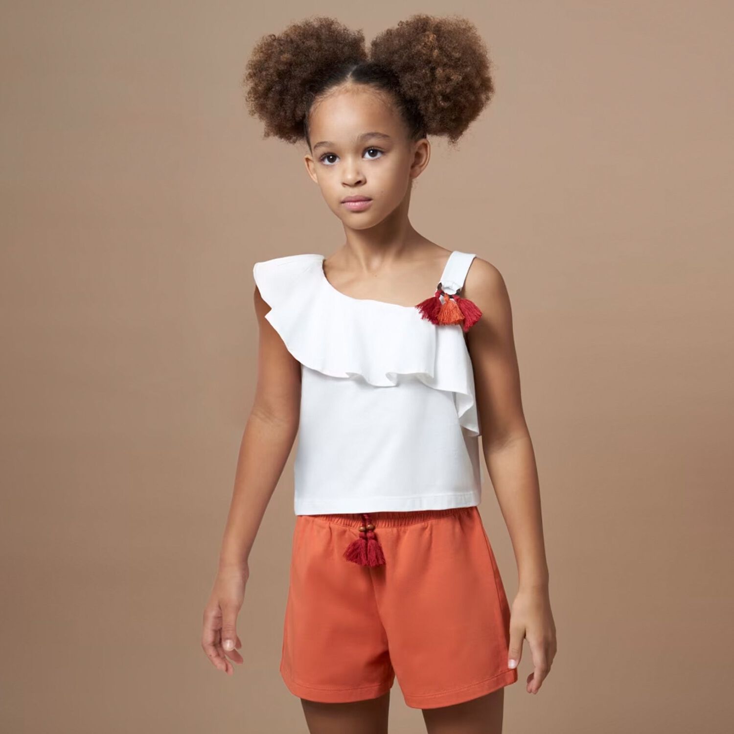 Girls White & Orange Shorts Set, 1, hi-res