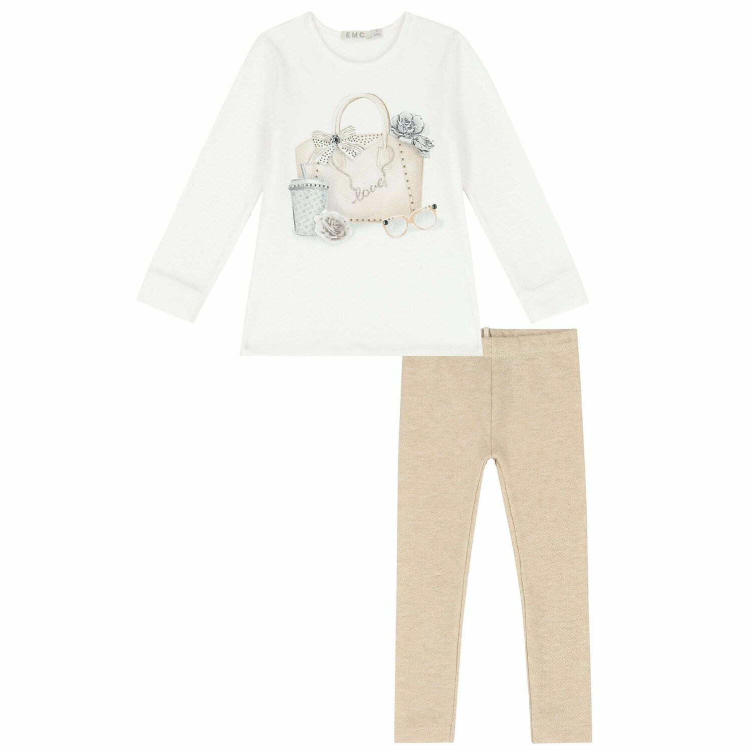 طقم ليغنز باللون الابيض والبيج للبنات, 1, hi-res