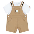 Baby Boys White & Beige Dungaree Set, 1, hi-res