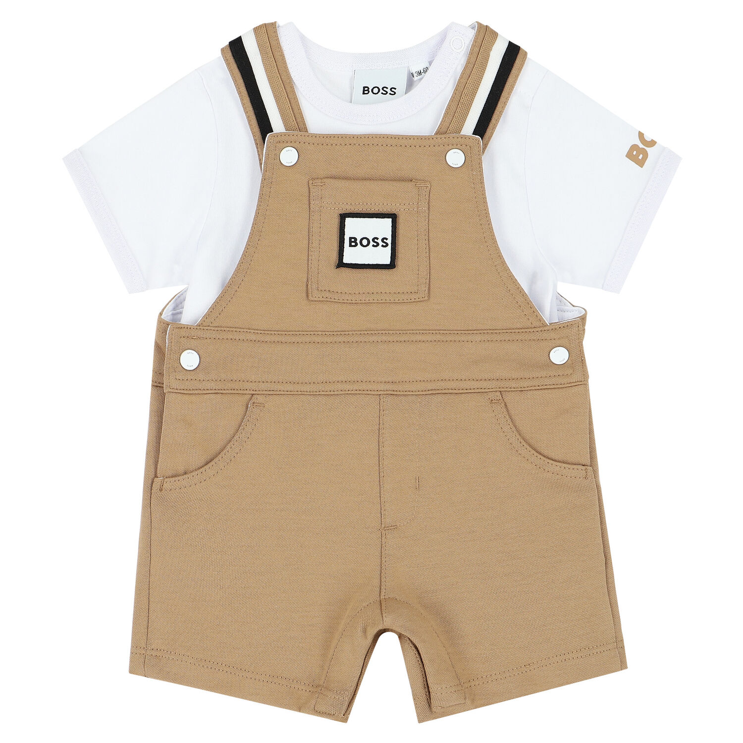 Baby Boys White & Beige Dungaree Set, 1, hi-res