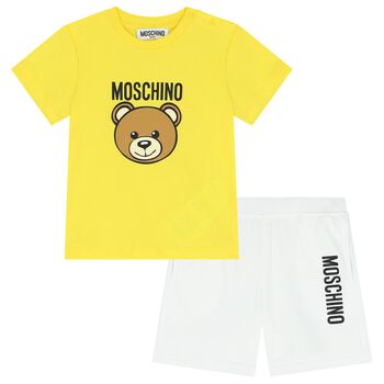 Yellow & White Teddy Bear Logo Shorts Set