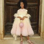 فستان بنات مكشكش من التول باللون الاصفر والوردى, 1, hi-res