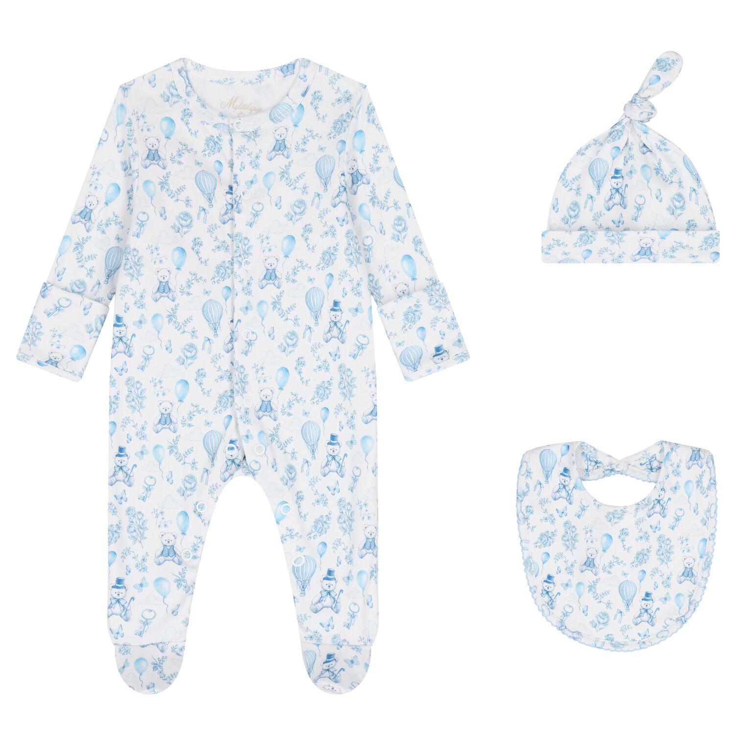 Baby Boys White & Blue Toile de Jouy Babygrow Set, 1, hi-res image number null