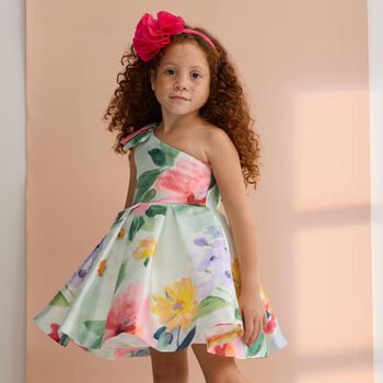 Girls Green Floral Pleated Dress