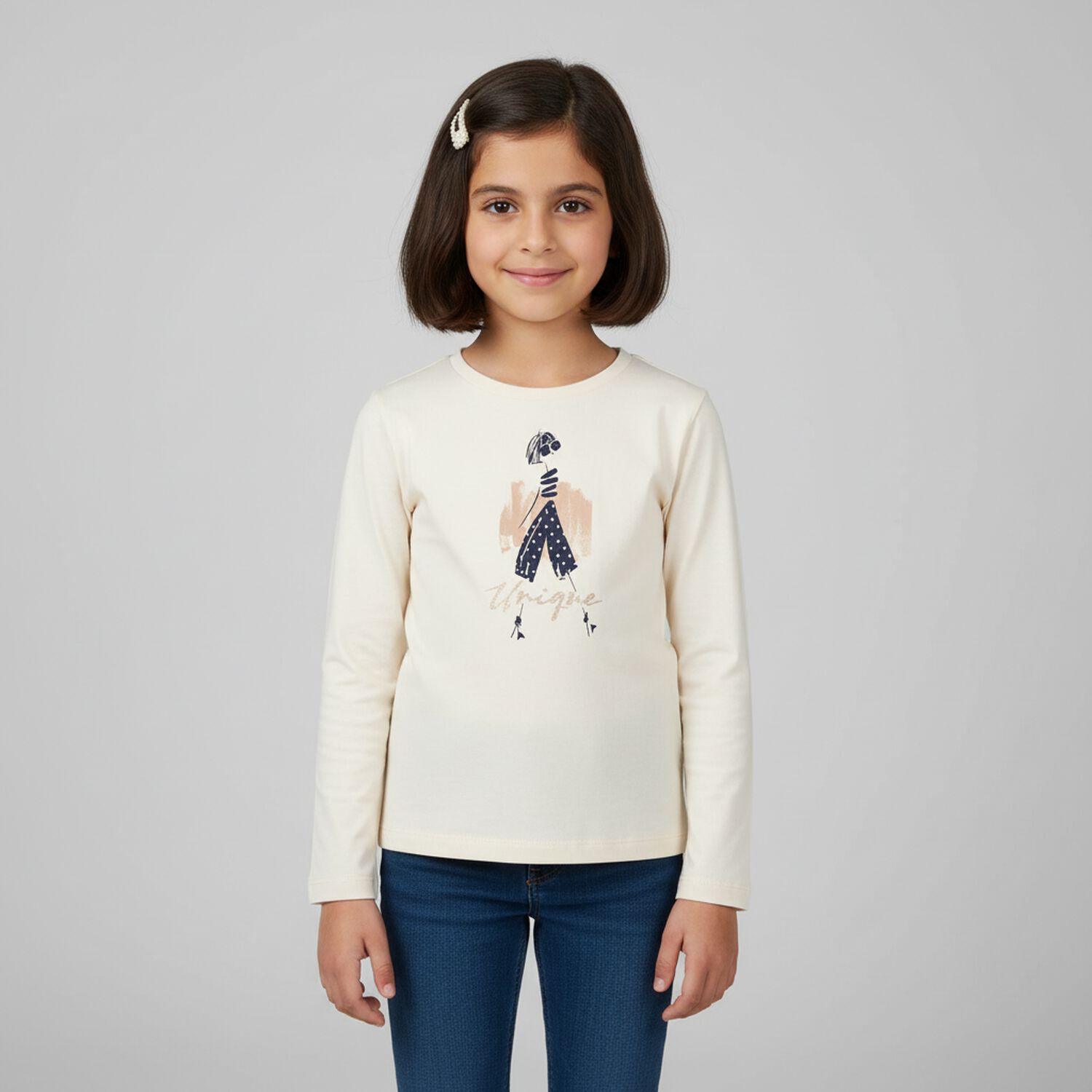 بلوزة عاجية بأكمام طويلة للبنات, 1, hi-res image number null