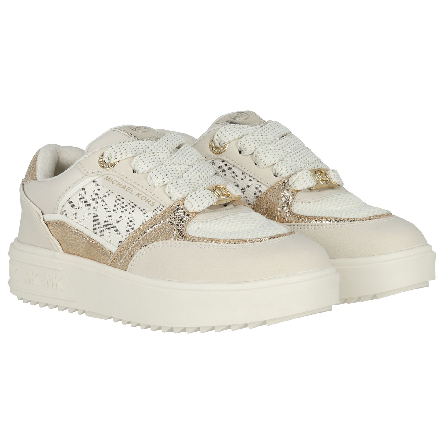 Girls Ivory & Gold Logo Trainers, 1, hi-res