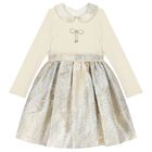 Girls Ivory & Gold Bow Dress, 1, hi-res