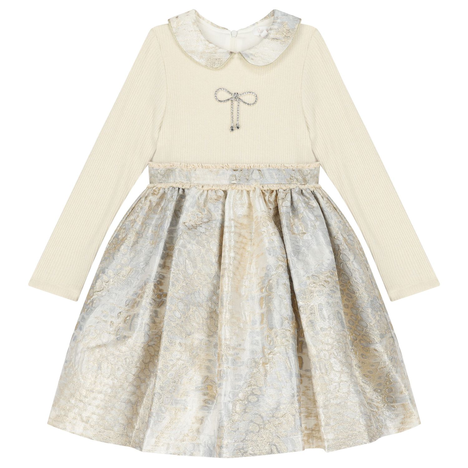 Girls Ivory & Gold Bow Dress, 1, hi-res image number null