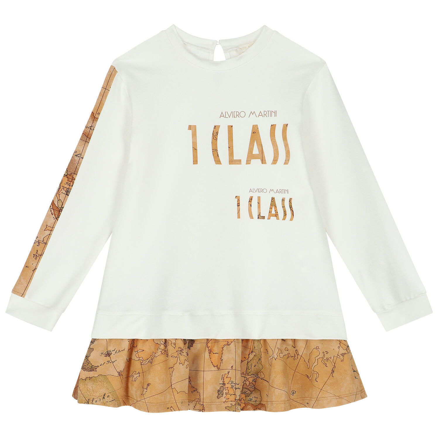 فستان بنات بالشعار بطبعة خريطة باللون العاجي والبيج , 1, hi-res