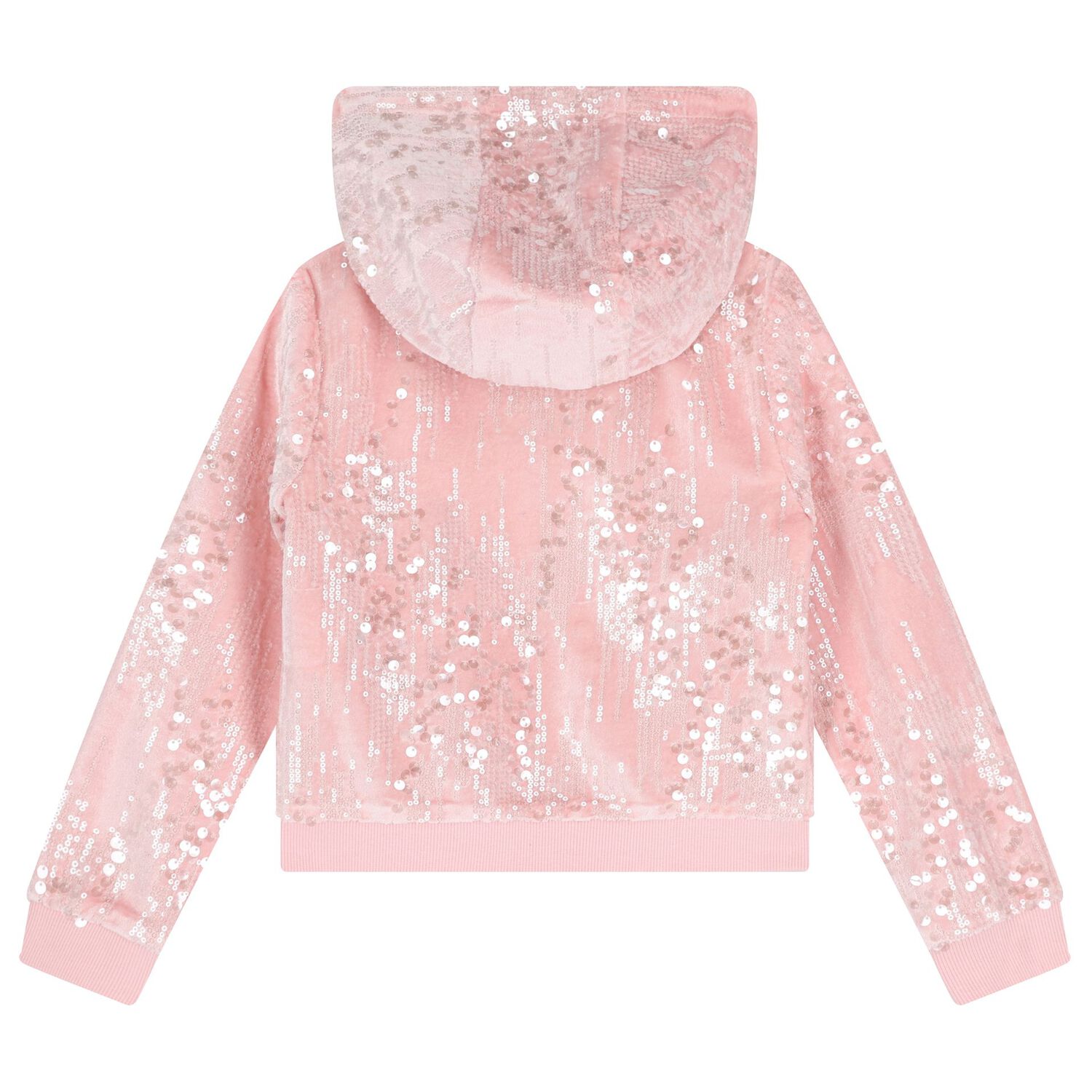 Girls Pink Sequins Hooded Zip Up Top, 1, hi-res