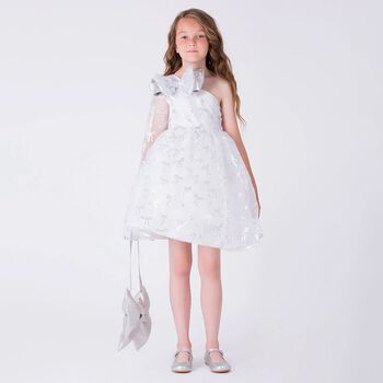 Girls White & Silver Bow Dress