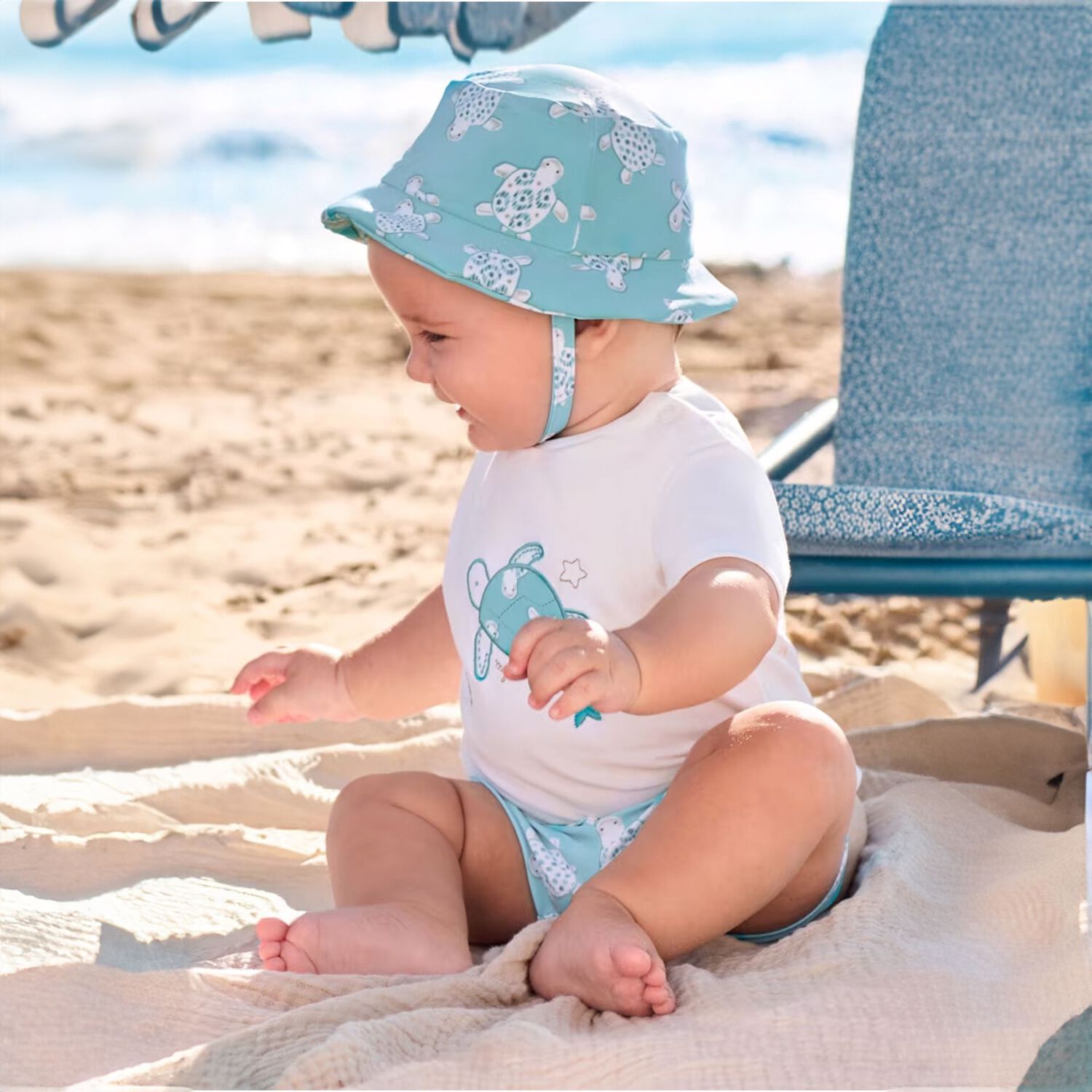 Baby Boys Aqua & White Turtle Swim Shorts Set, 2, hi-res