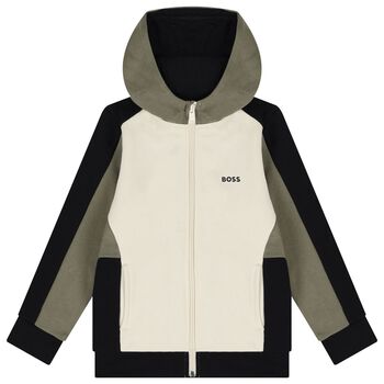 Boys Ivory, Green & Black Logo Hooded Zip Up Top