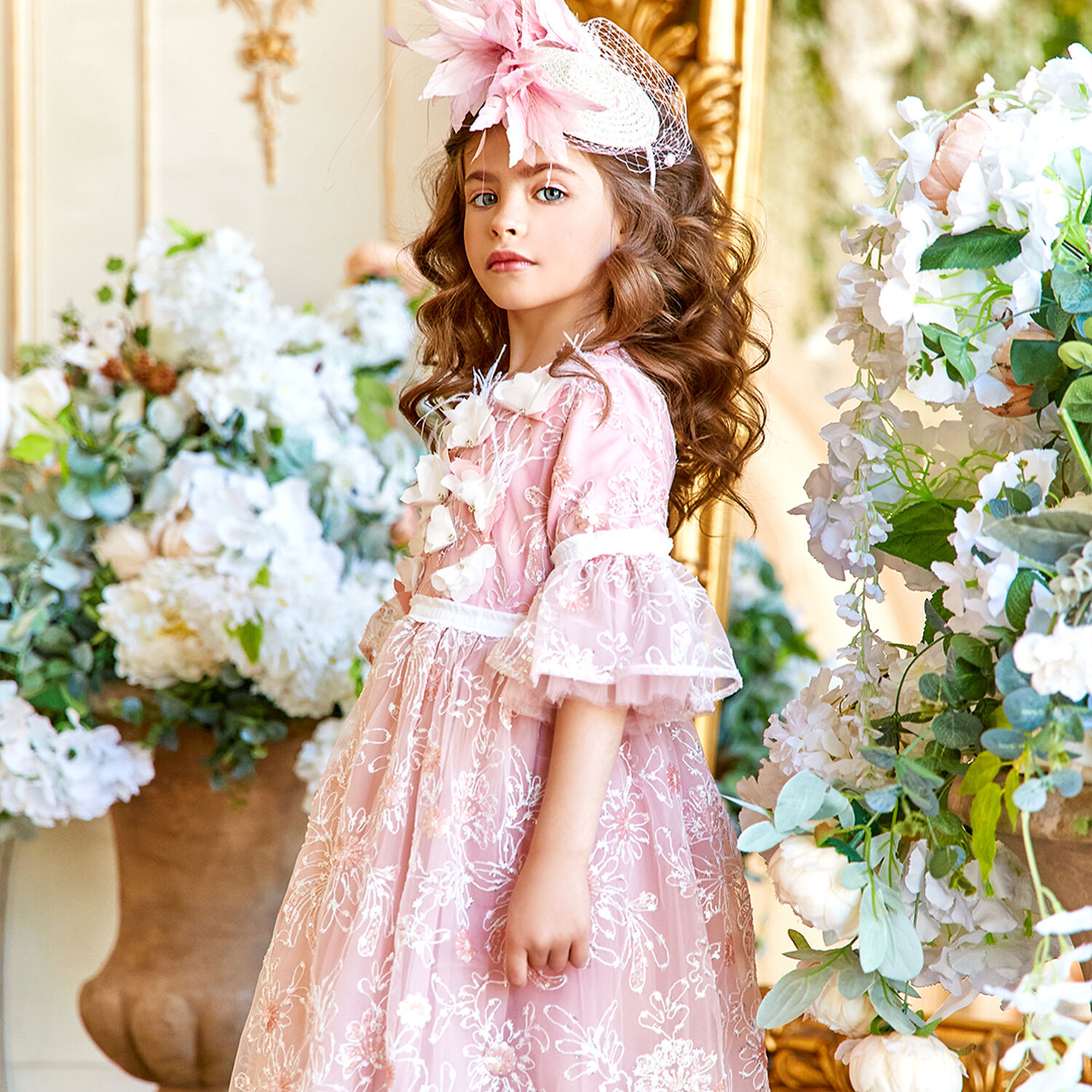 Girls Pink Embroidered Sequin Tulle Dress, 1, hi-res image number null