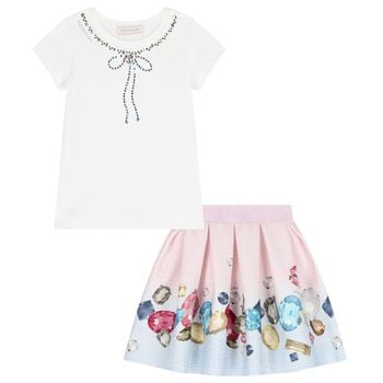 Girls Ivory, Pink & Blue Jewel Skirt Set