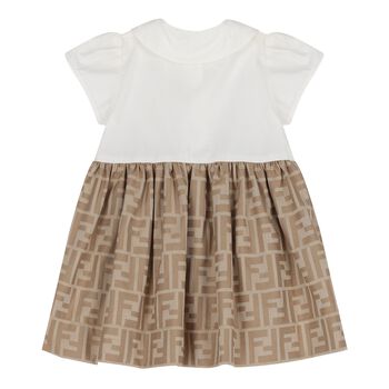 Baby Girls White & Beige FF Logo Dress
