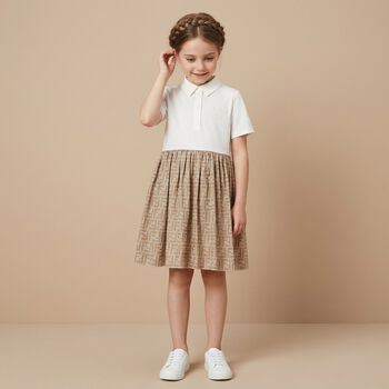 فستان بناتي بشعار FF باللون العاجي والبيج