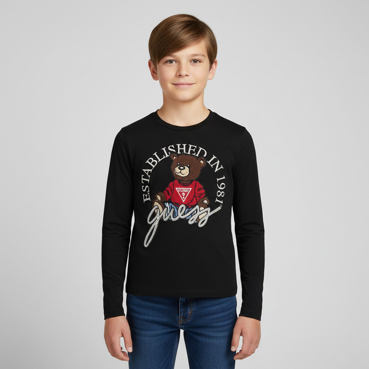 Boys Black Teddy Bear Logo Long Sleeve Top, 3, hi-res image number null