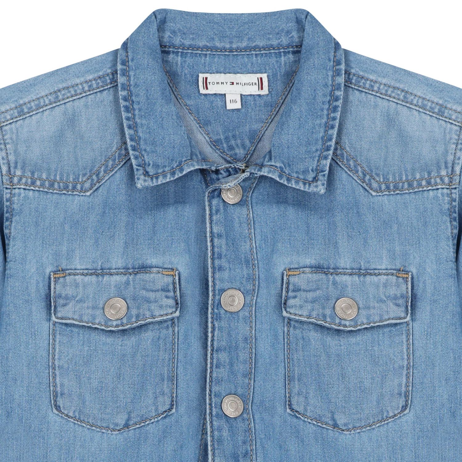 فستان جينز أزرق بشعار للبنات, 1, hi-res