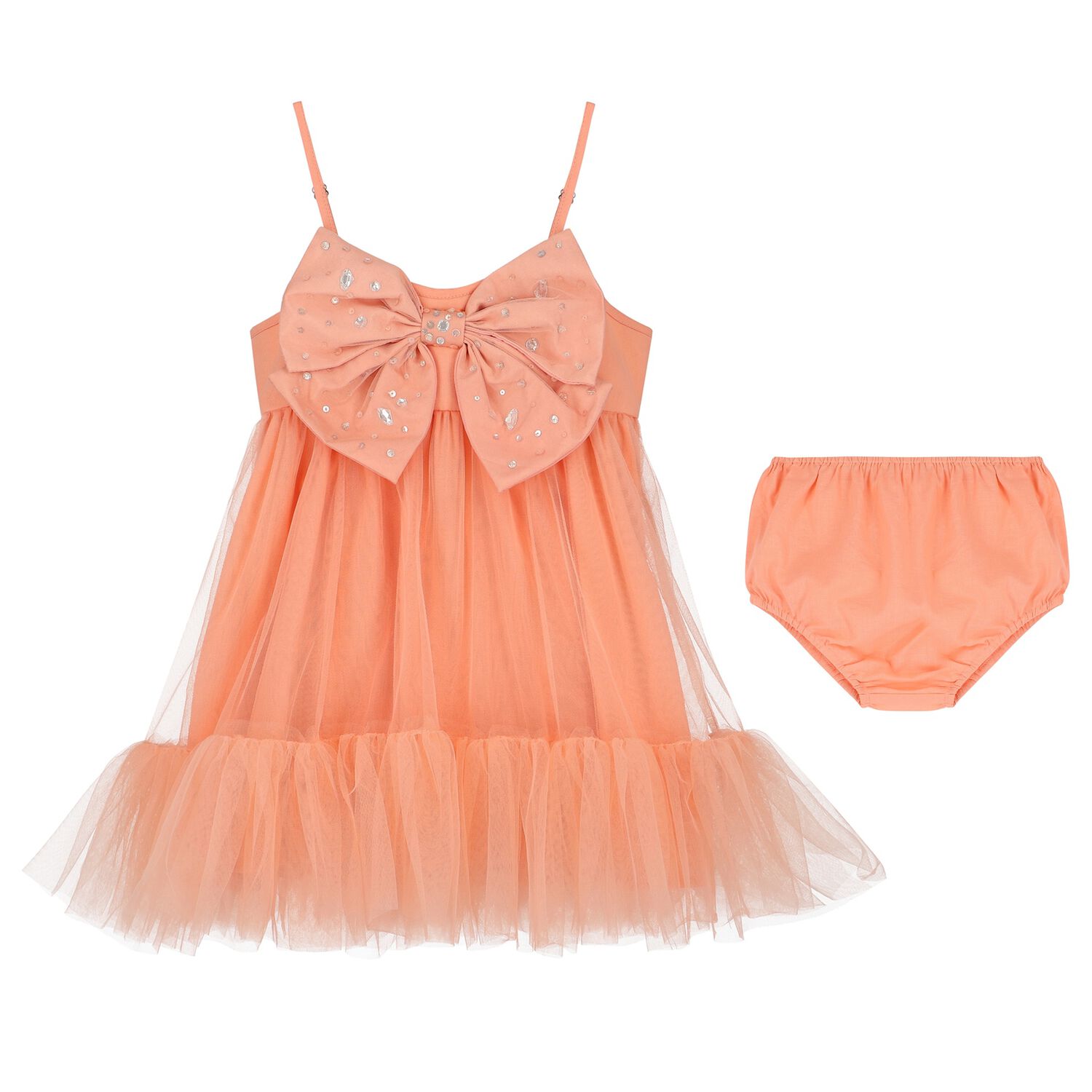Baby Girls Coral Bow Tulle Dress Set, 1, hi-res image number null