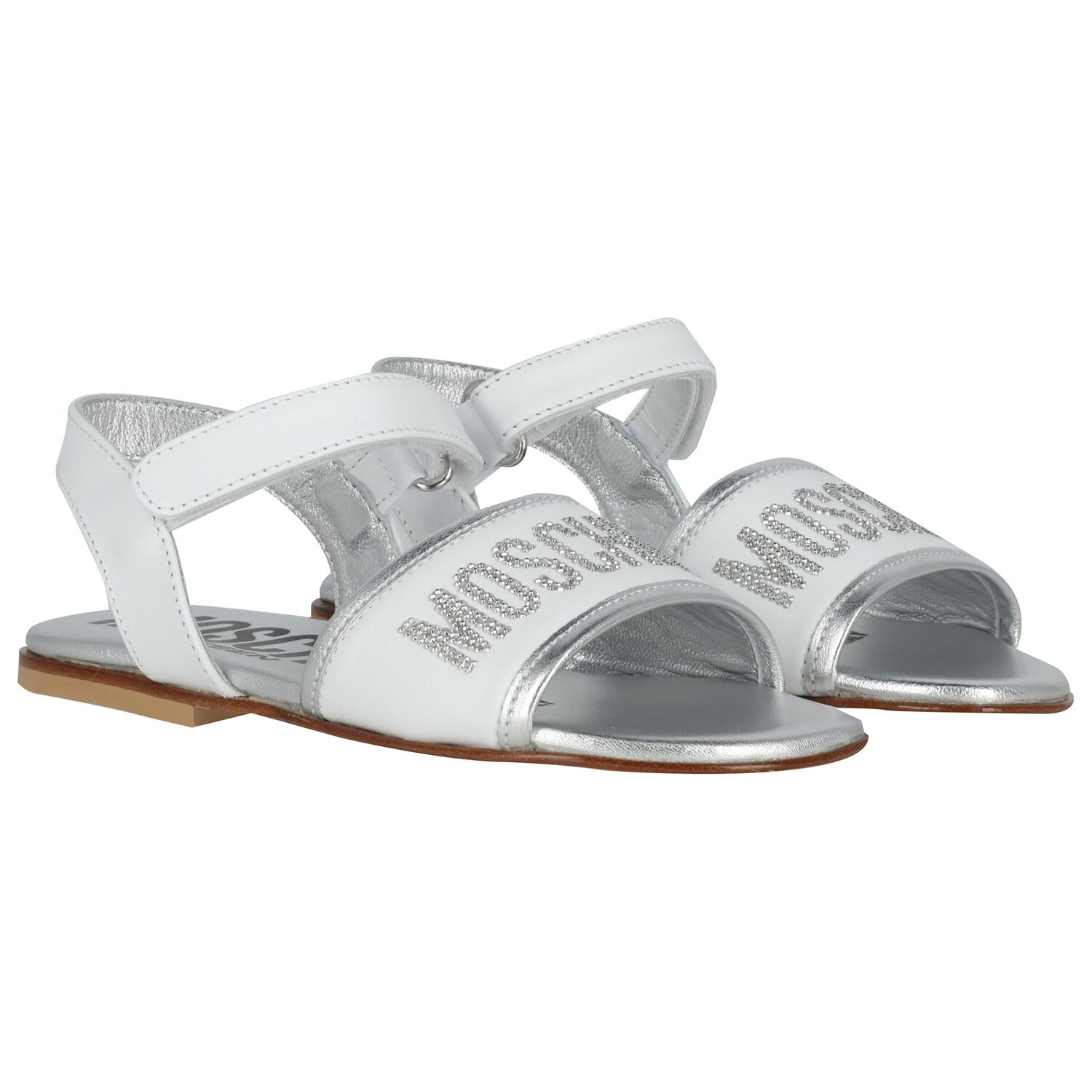 Girls White & Silver Leather Logo Sandals , 1, hi-res