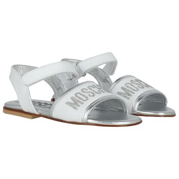 Girls White & Silver Leather Logo Sandals 