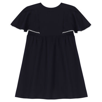 Girls Navy Logo Ruffle Sleeve Dress