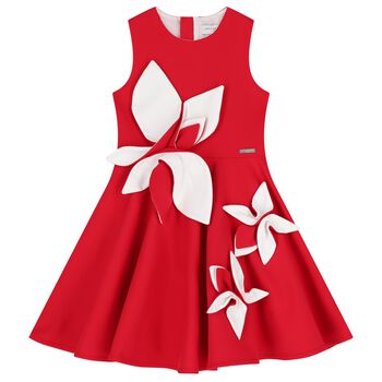 Girls Red & White Satin Floral Dress