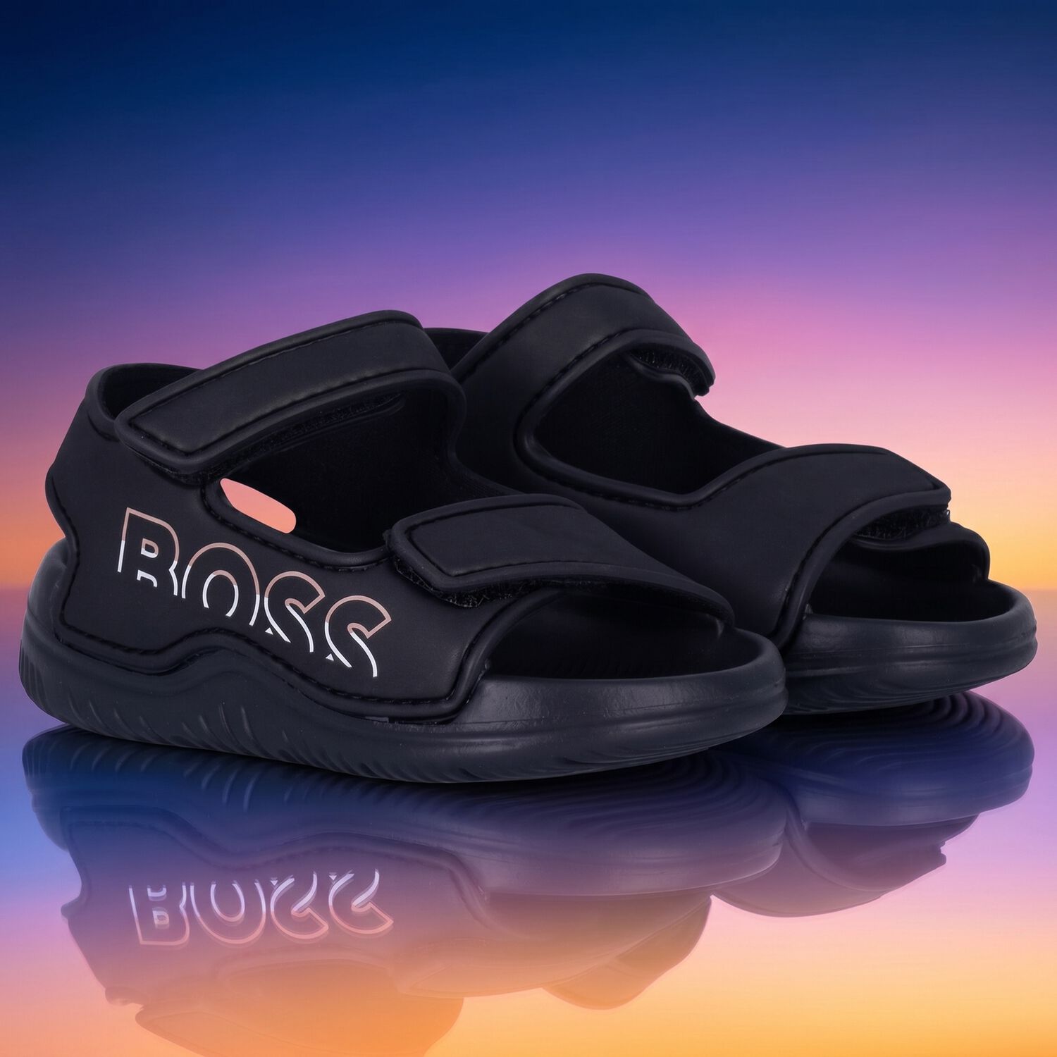 Boys Black Logo Sandals, 1, hi-res