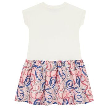 Girls Ivory & Pink Ribbon Logo Dress