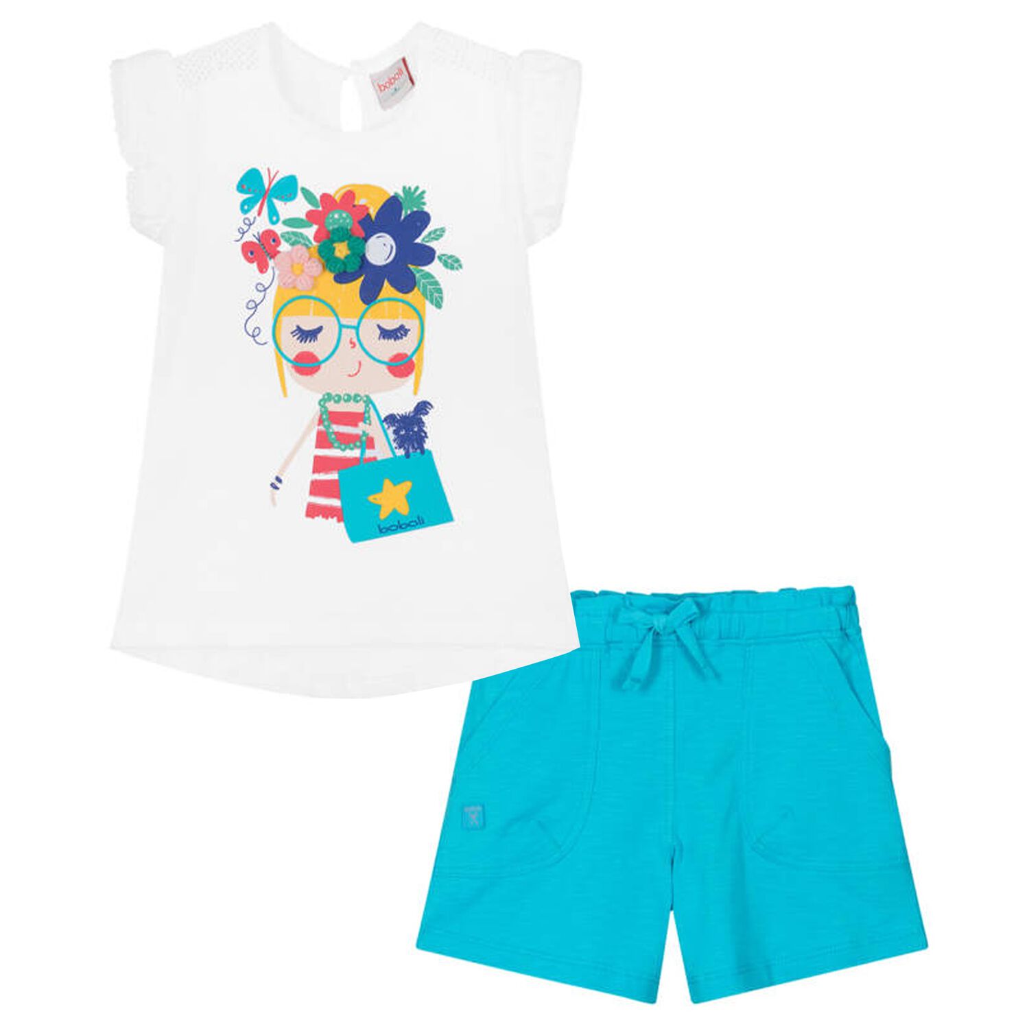 Girls White & Blue Flower Shorts Set, 1, hi-res image number null