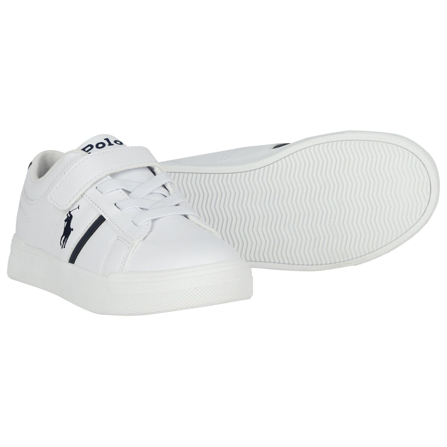 Boys White & Navy Blue Logo Trainers , 1, hi-res