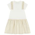 Girls Ivory & Gold Logo Dress, 1, hi-res