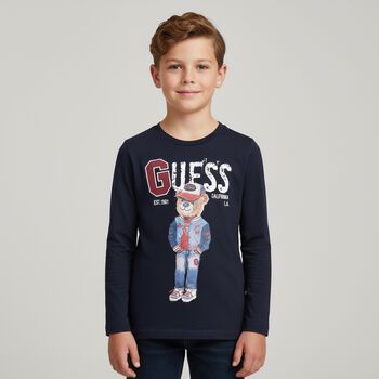 Boys Navy Blue Teddy Bear Long Sleeve Top, 4 Boys Navy Blue Teddy Bear Long Sleeve Top