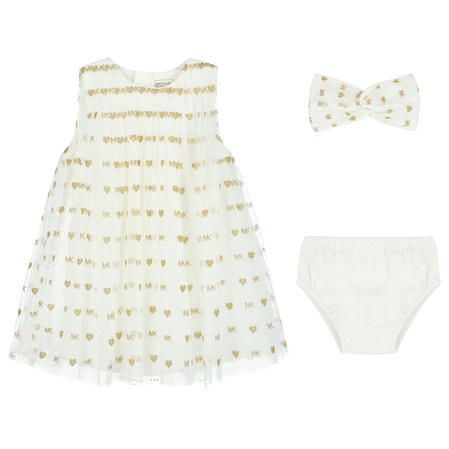 Younger Girls Ivory & Gold Tulle Dress Set, 1, hi-res