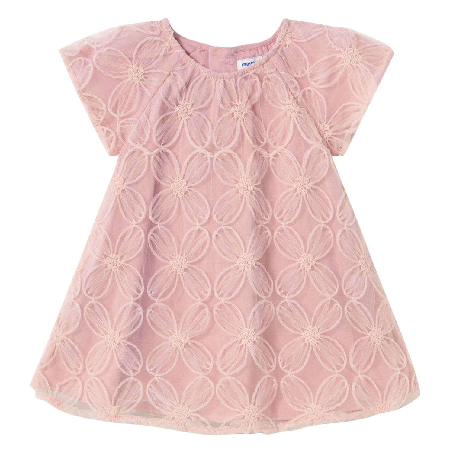 Younger Girls Pink Floral Embroidered Tulle Dress, 1, hi-res