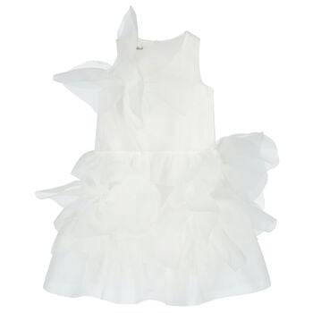 Girls White Organza 3D Floral Tiered Dress