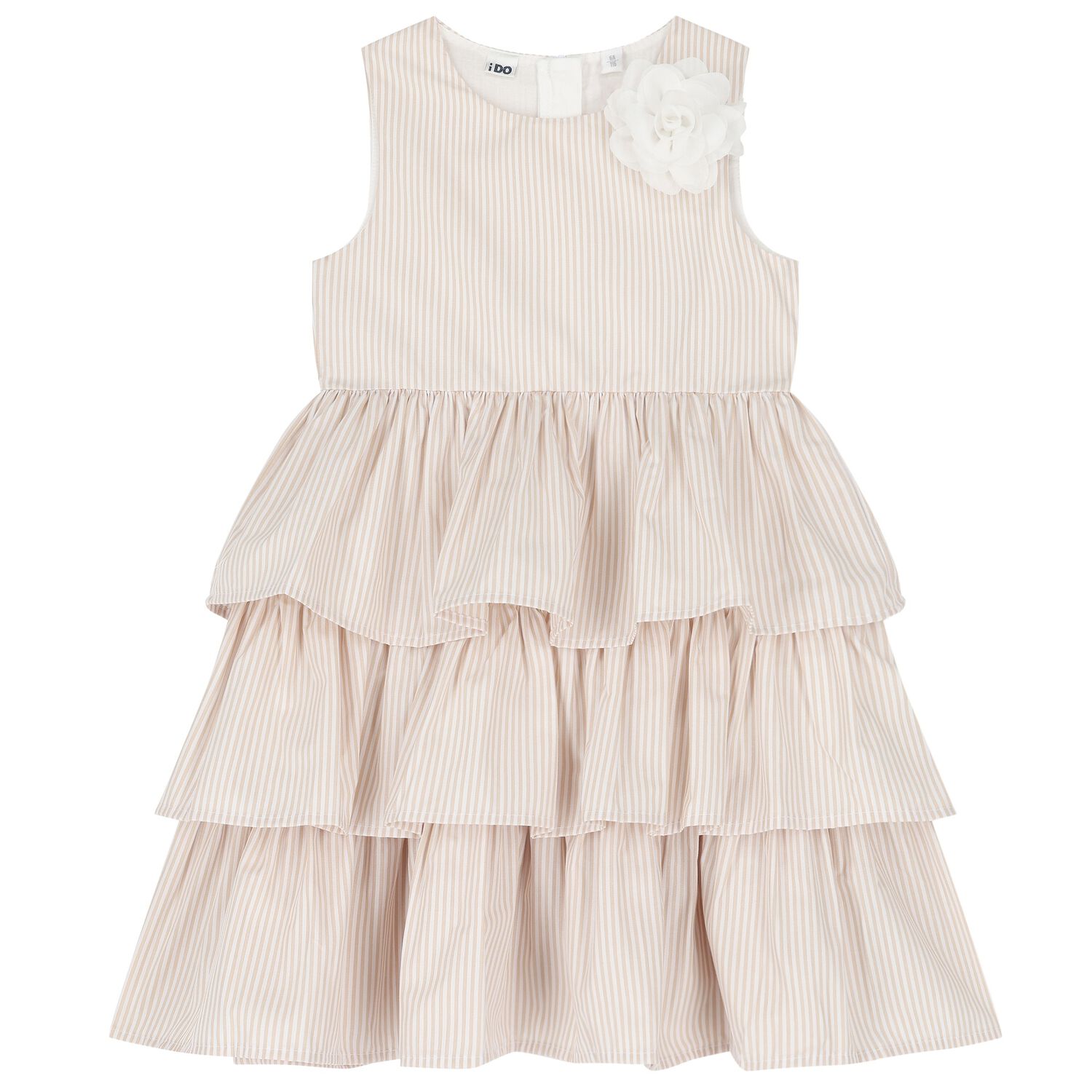 Girls White & Beige Striped Dress, 1, hi-res