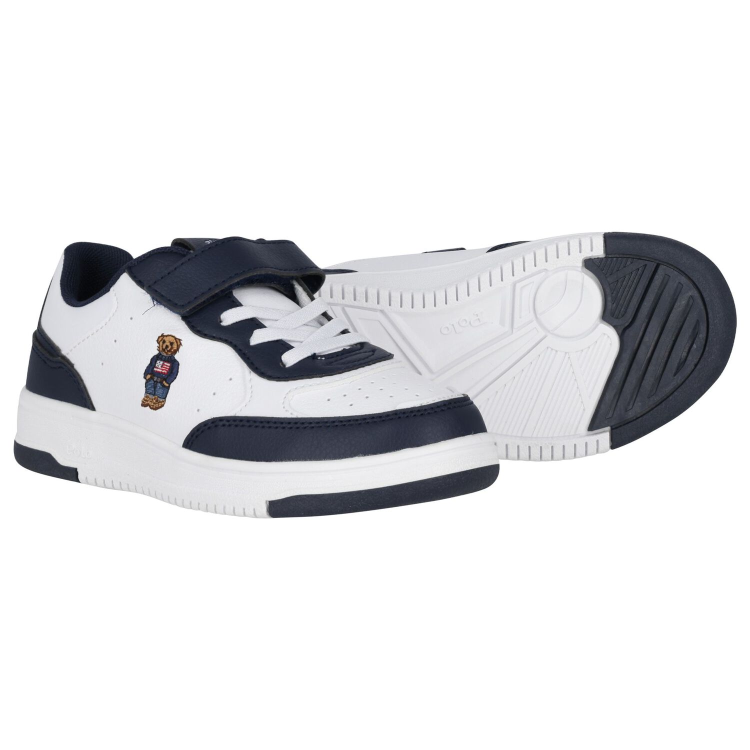 Boys White & Navy Blue Logo Trainers, 1, hi-res